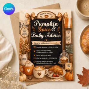 Pumpkin Spice Baby Shower Invitation, Fall Brunch Coffee Theme, Baby Advice Editable Printable Canva Template