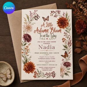 Fall Floral Baby Shower Invitation, Autumn Baby in Bloom Wildflower Butterfly Editable Printable Canva Template