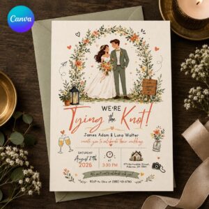 Wedding Invitation Template, Watercolor Floral Couple Tying the Knot Rustic Garden Invite, Editable Printable Canva Template