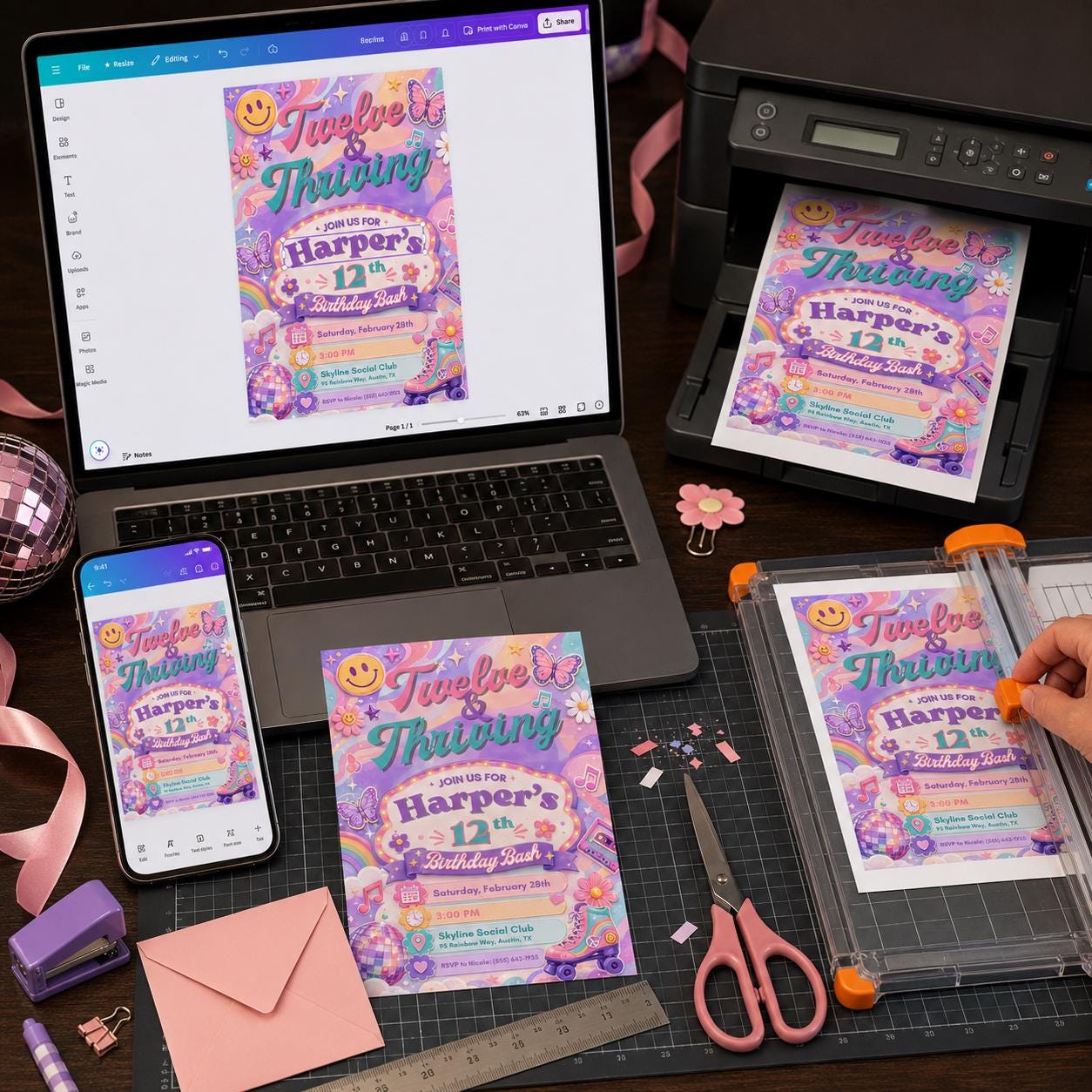 12th Birthday Roller Skating Invitation, Tween Retro Disco Skate Party Invite for Girls, Editable Printable Canva Template - Image 3
