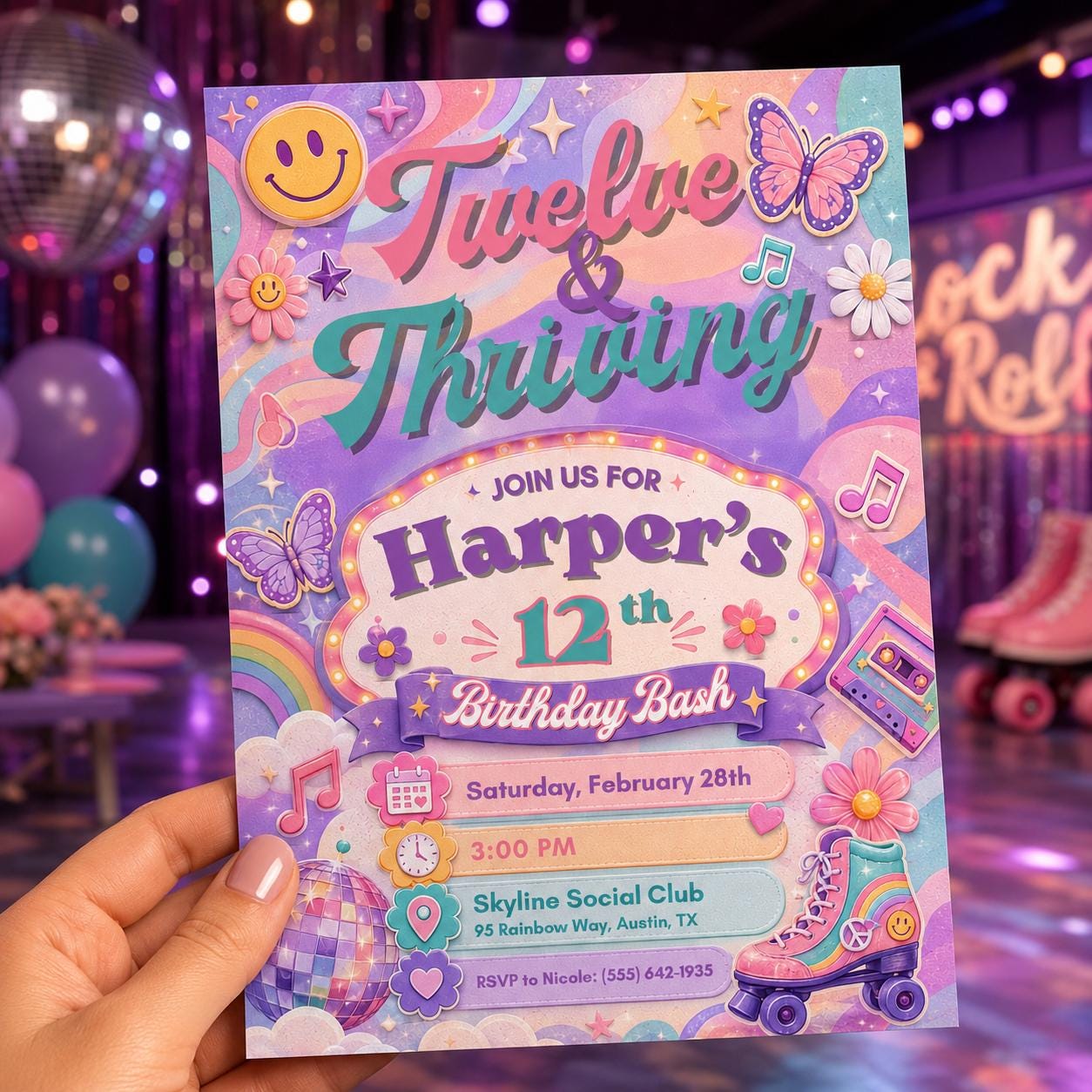 12th Birthday Roller Skating Invitation, Tween Retro Disco Skate Party Invite for Girls, Editable Printable Canva Template - Image 6