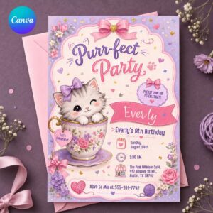 Kitten Tea Party Invitation, Purr-fect 8th Birthday Cat Party Invite for Girls, Editable Printable Canva Template