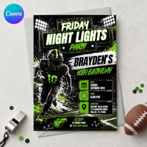 Football 10th Birthday Invitation, Friday Night Lights Sports Party Invite for Boys, Editable Printable Canva Template