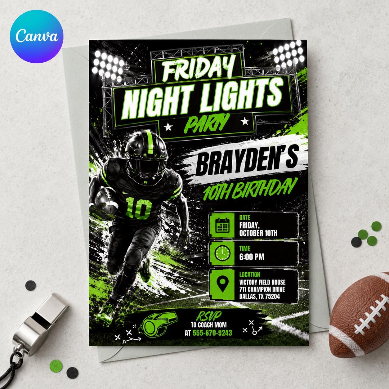 Football 10th Birthday Invitation, Friday Night Lights Sports Party Invite for Boys, Editable Printable Canva Template