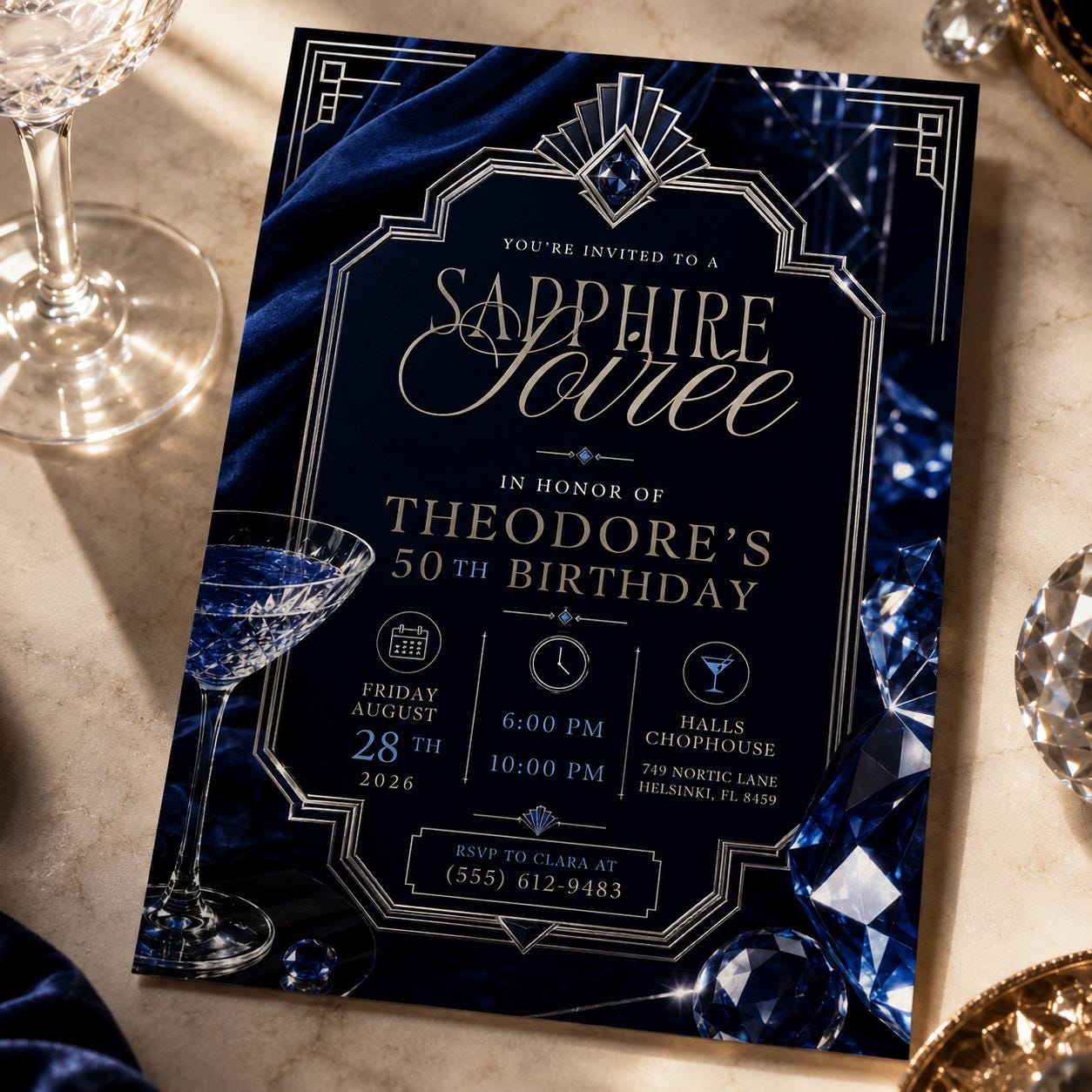 50th Birthday Invitation, Sapphire Jubilee Navy Blue Art Deco Cocktail Party Invite, Editable Printable Canva Template - Image 3