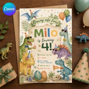 Dinosaur 4th Birthday Invitation, Roaring Into Four Pastel Dino Party Invite for Kids, Editable Printable Canva Template