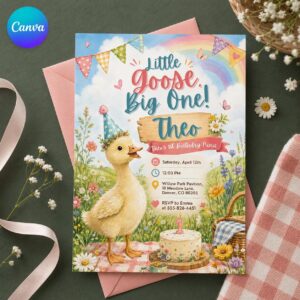 Goose First Birthday Invitation, Little Goose Big One Picnic Party Invite for Boy or Girl, Editable Printable Canva Template