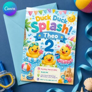 Duck 2nd Birthday Invitation, Ducky Splash Pool Party Invite for Boy or Girl, Editable Printable Canva Template