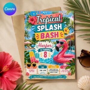 Flamingo Pool Party Invitation, Tropical Splash 8th Birthday Invite for Girls, Editable Summer Printable Canva Template