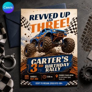 Monster Truck 3rd Birthday Invitation, Revved Up and Three Racing Party Invite for Boys, Editable Printable Canva Template