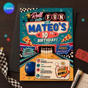 Bowling 10th Birthday Invitation, Retro Roll Into Fun Party Invite for Boys or Girls, Editable Printable Canva Template