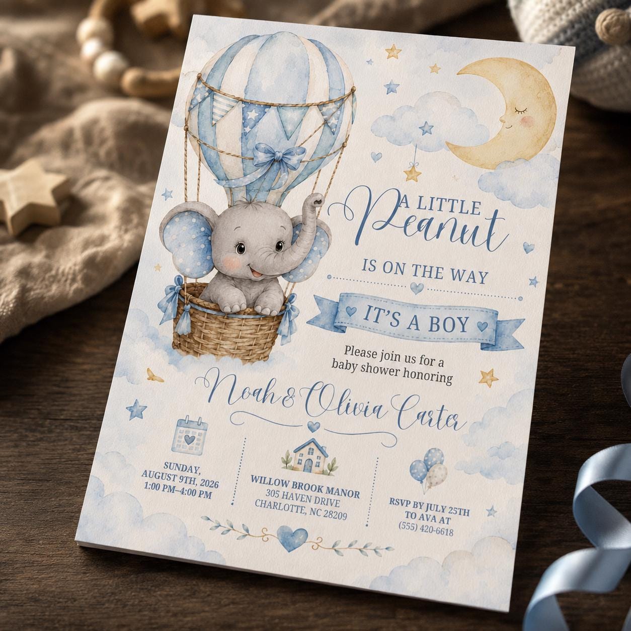 Elephant Baby Shower Invitation Boy, Little Peanut Hot Air Balloon Invite, Editable Printable Canva Template - Image 6