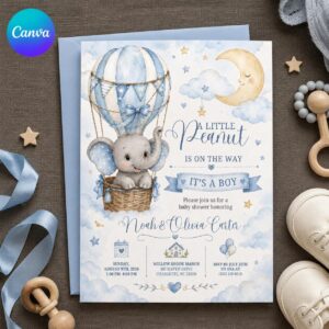 Elephant Baby Shower Invitation Boy, Little Peanut Hot Air Balloon Invite, Editable Printable Canva Template