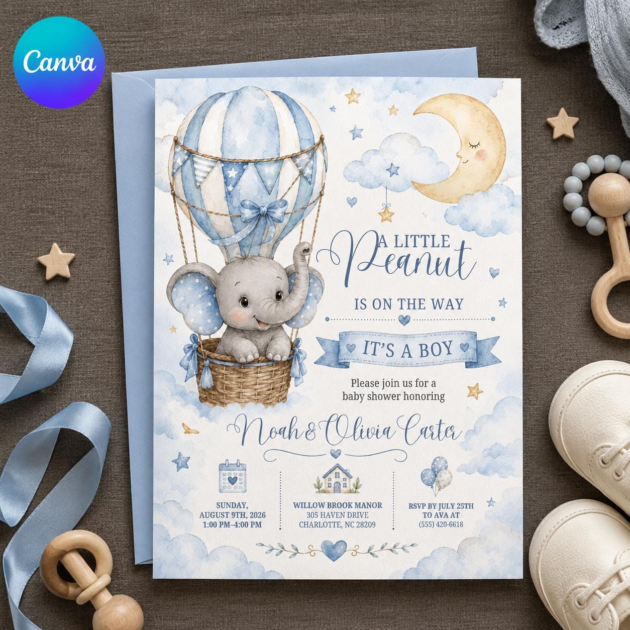 Elephant Baby Shower Invitation Boy, Little Peanut Hot Air Balloon Invite, Editable Printable Canva Template