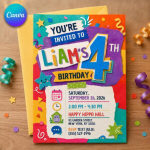 4th Birthday Invitation for Kids, Colorful Paper Cut Party Invite for Boys or Girls, Editable Printable Canva Template