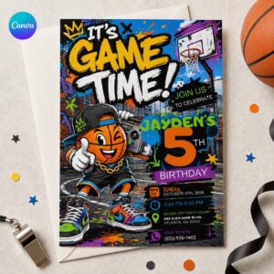 Basketball Birthday Invitation, Game Time Graffiti 5th Birthday Party Invite for Boys, Editable Printable Canva Template