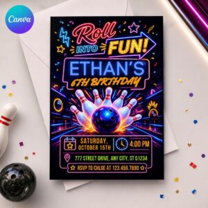 Neon Bowling Birthday Invitation, Roll Into Fun 6th Birthday Party Invite for Kids, Editable Printable Canva Template