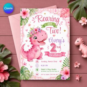 Pink Dinosaur 2nd Birthday Invitation, Roaring Into Two Girl Dino Party Invite, Editable Printable Canva Template