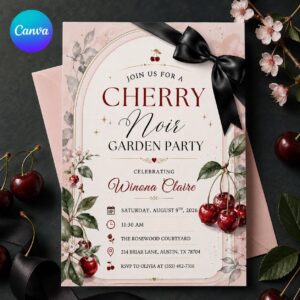 Cherry Birthday Invitation, Coquette Cherry Noir Garden Party Invite with Black Bow, Editable Printable Canva Template