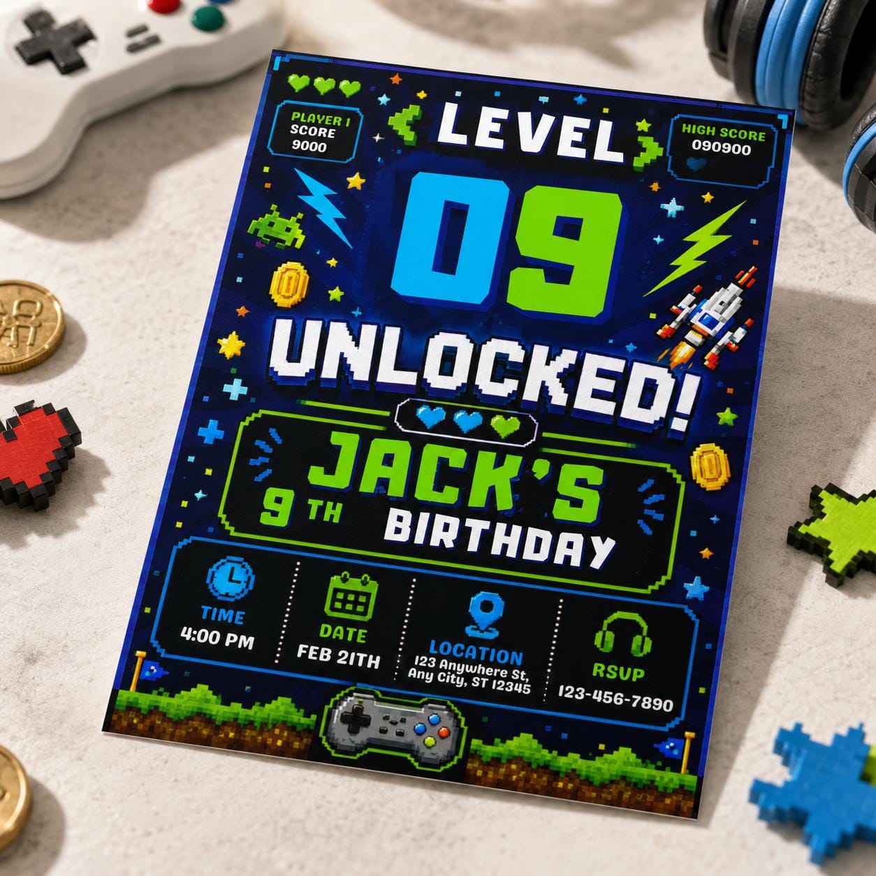 Gamer 9th Birthday Invitation, Level 9 Unlocked Video Game Party Invite for Boys, Editable Printable Canva Template - Image 5