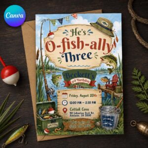 Fishing 3rd Birthday Invitation, O-Fish-Ally Three Gone Fishing Party Invite for Boys, Editable Printable Canva Template