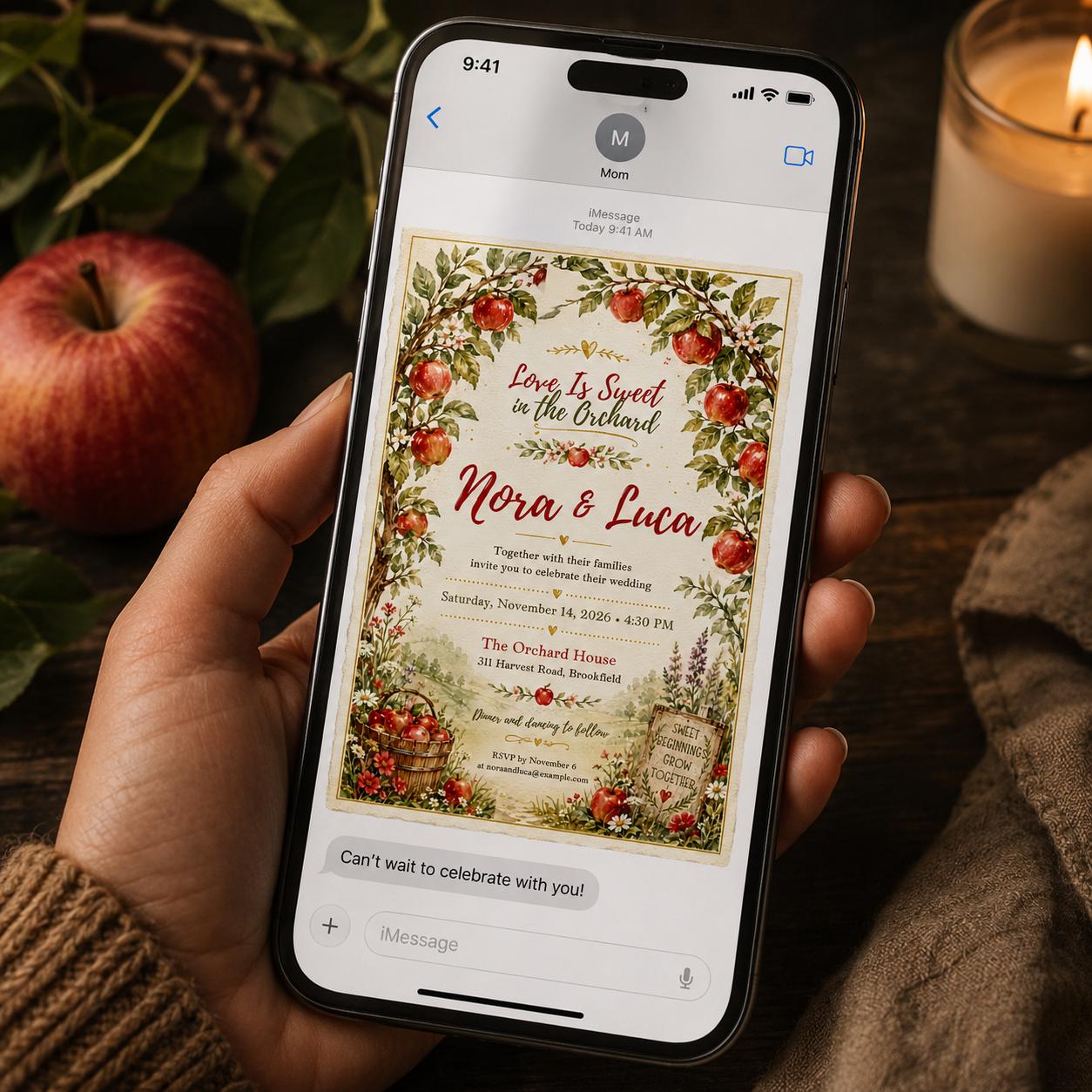 Apple Orchard Wedding Invitation, Fall Watercolor Apple Wedding Invite, Rustic Autumn Ceremony, Editable Canva Template - Image 6
