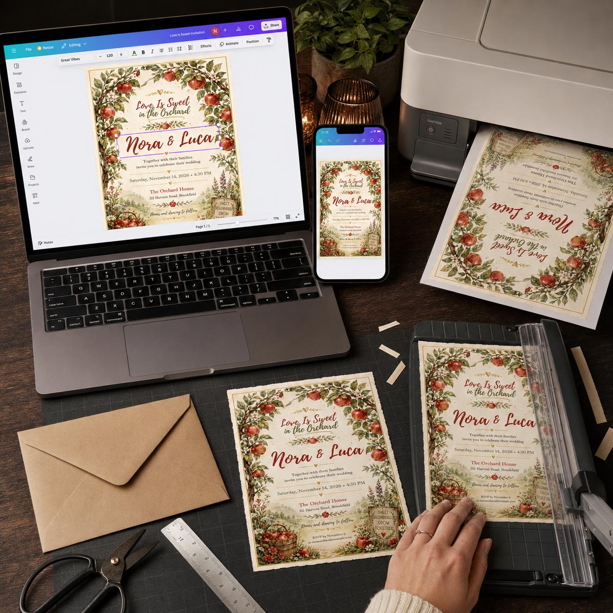 Apple Orchard Wedding Invitation, Fall Watercolor Apple Wedding Invite, Rustic Autumn Ceremony, Editable Canva Template - Image 5