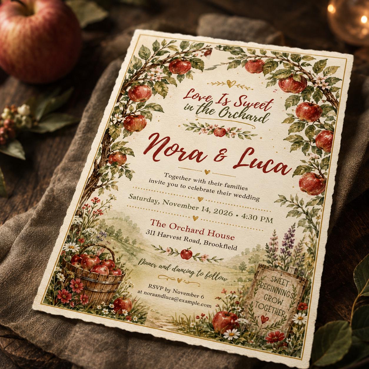 Apple Orchard Wedding Invitation, Fall Watercolor Apple Wedding Invite, Rustic Autumn Ceremony, Editable Canva Template - Image 3