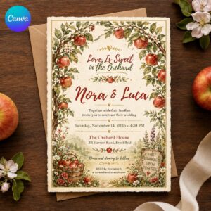 Apple Orchard Wedding Invitation, Fall Watercolor Apple Wedding Invite, Rustic Autumn Ceremony, Editable Canva Template