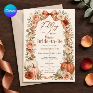 Fall Bridal Shower Invitation, Falling in Love Pumpkin Floral Bride to Be Shower Invite, Editable Canva Template