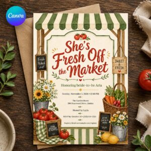 Farmers Market Bridal Shower Invitation, Fresh Off the Market Fall Bride Brunch Invite, Editable Canva Template
