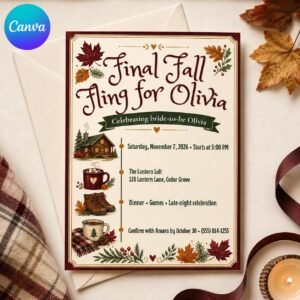 Fall Bachelorette Party Invitation, Final Fall Fling Bride to Be Weekend, Cozy Autumn Invite, Editable Canva Template