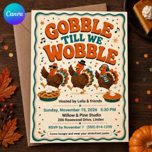 Friendsgiving Invitation, Gobble Till We Wobble Thanksgiving Dinner Party Invite, Editable Printable Canva Template