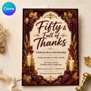 50th Birthday Invitation, Fall Wine Birthday Party, Elegant Autumn Milestone Dinner Invite, Editable Canva Template