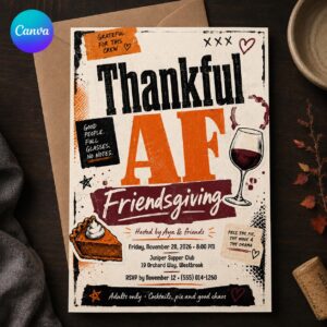 Friendsgiving Invitation, Thankful AF Adult Thanksgiving Dinner Party, Funny Friendsgiving Invite, Editable Canva Template