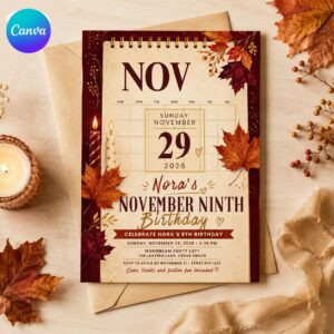 November 9th Birthday Invitation, Fall Calendar Birthday Party for Girl, Autumn Leaves Editable Canva Template