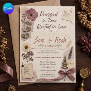 Pressed Flower Wedding Invitation, Botanical Handmade Paper Floral Invite, Romantic Editable Canva Template