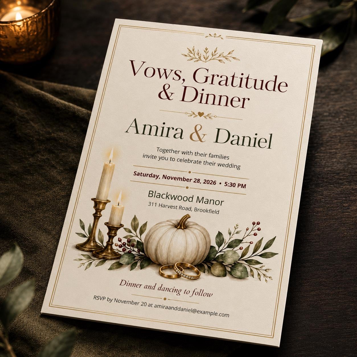 Fall Wedding Invitation, Thanksgiving Pumpkin Wedding Dinner, Elegant Autumn Editable Canva Template - Image 3