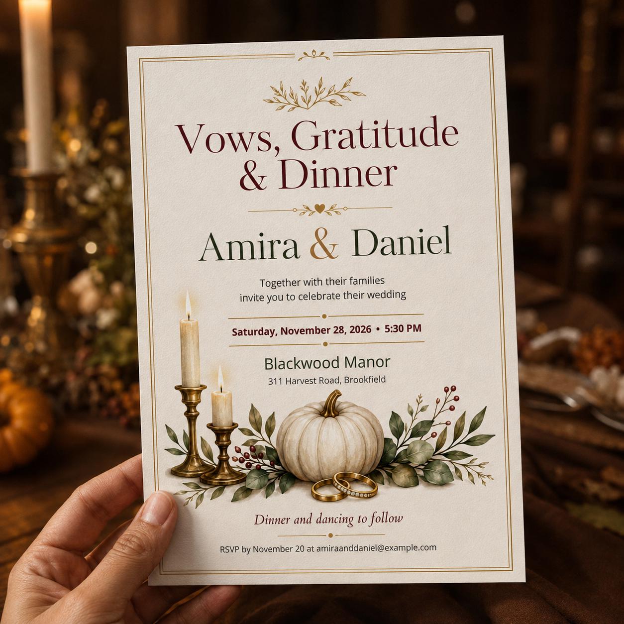 Fall Wedding Invitation, Thanksgiving Pumpkin Wedding Dinner, Elegant Autumn Editable Canva Template - Image 4