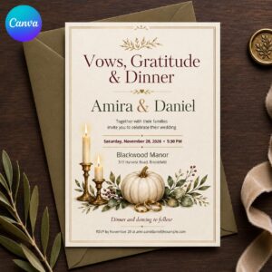 Fall Wedding Invitation, Thanksgiving Pumpkin Wedding Dinner, Elegant Autumn Editable Canva Template