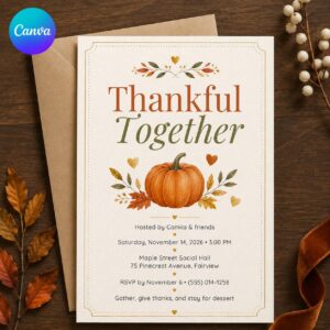 Friendsgiving Invitation, Thankful Together Thanksgiving Dinner Party, Editable Fall Gathering Canva Template
