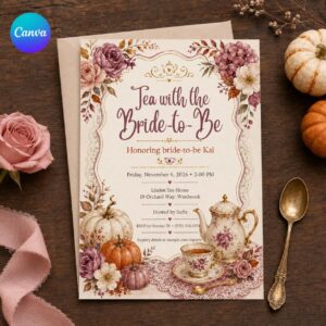 Tea Party Bridal Shower Invitation, Tea with the Bride Fall Floral High Tea Invite, Editable Canva Template