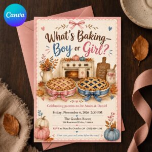 Fall Gender Reveal Invitation, Pie Baking Boy or Girl Autumn Pumpkin Editable Printable Canva Template