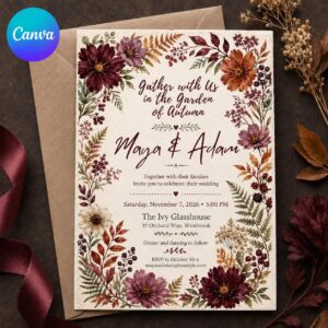 Autumn Floral Wedding Invitation, Burgundy Rust Garden Wedding Editable Printable Canva Template
