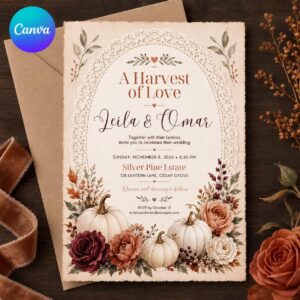 Fall Wedding Invitation, White Pumpkin Floral Harvest Love Rustic Autumn Editable Printable Canva Template