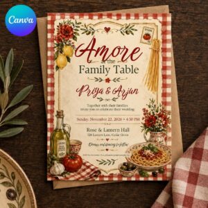 Italian Wedding Invitation, Amore Family Table Rustic Tuscany Pasta Lemon Editable Printable Canva Template