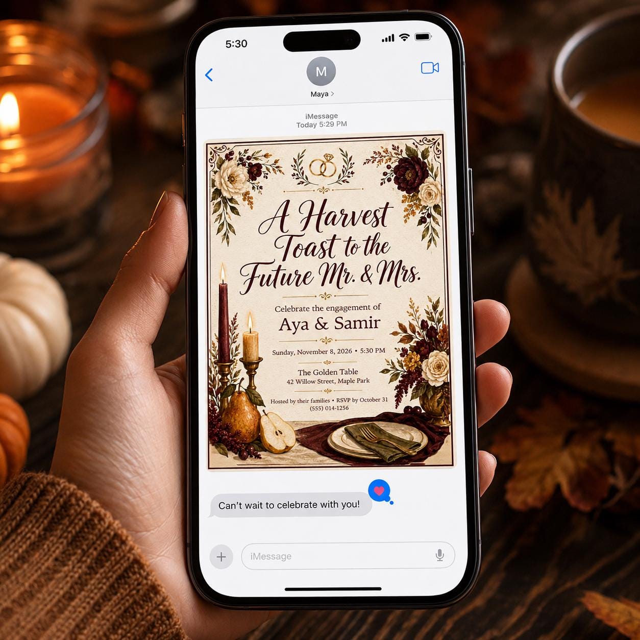 Fall Engagement Party Invitation, Burgundy Floral Harvest Toast Editable Printable Canva Template - Image 5