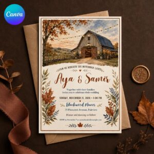 Rustic Fall Wedding Invitation, Barn Wedding Autumn Leaves Editable Printable Canva Template
