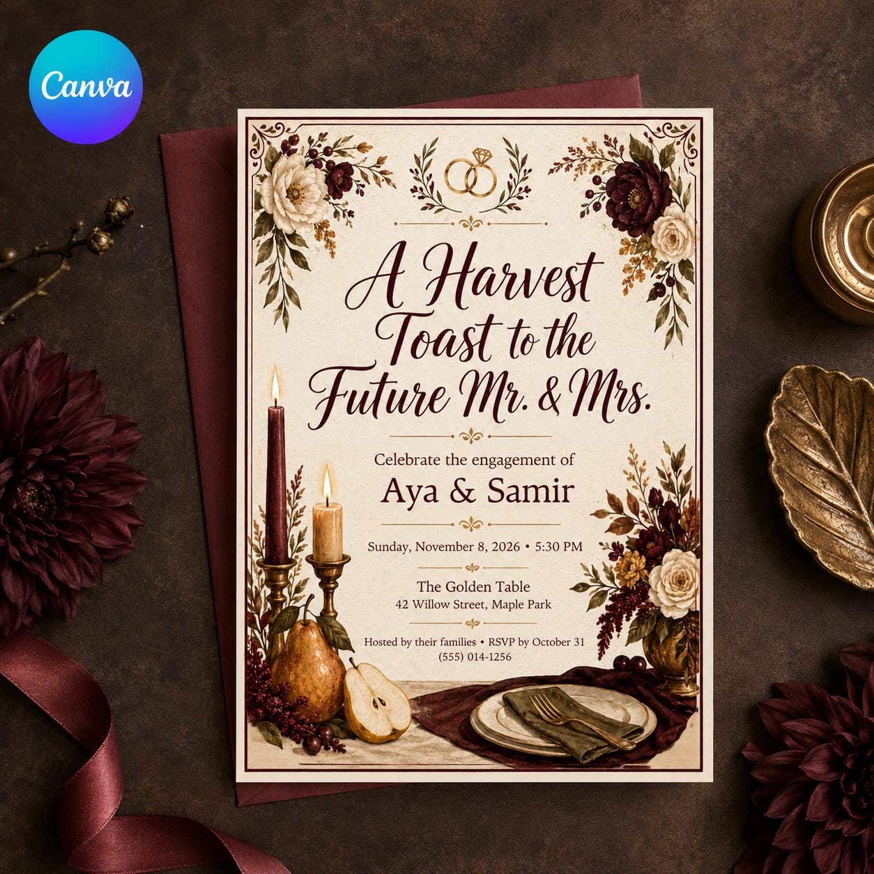 Fall Engagement Party Invitation, Burgundy Floral Harvest Toast Editable Printable Canva Template