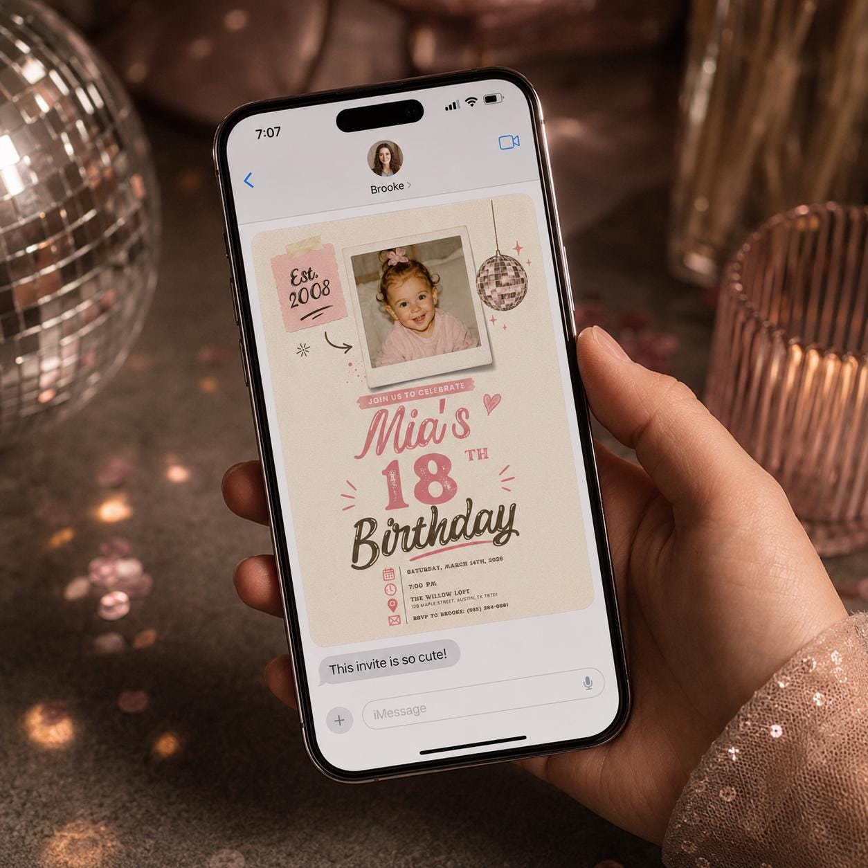 18th Birthday Photo Invitation, Pink Disco Ball Y2K Party Invite for Her, Retro Girly Editable Canva Template - Image 5